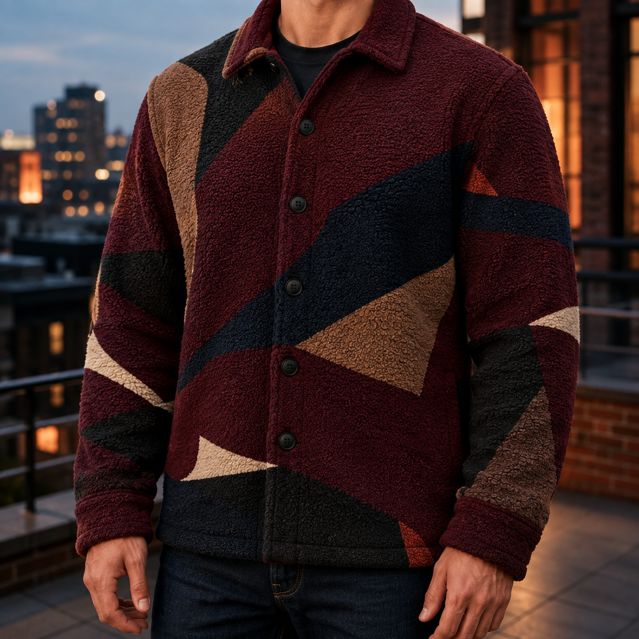 Men's Geometric Fleece Shacket | Warm Shirt Jacket -54