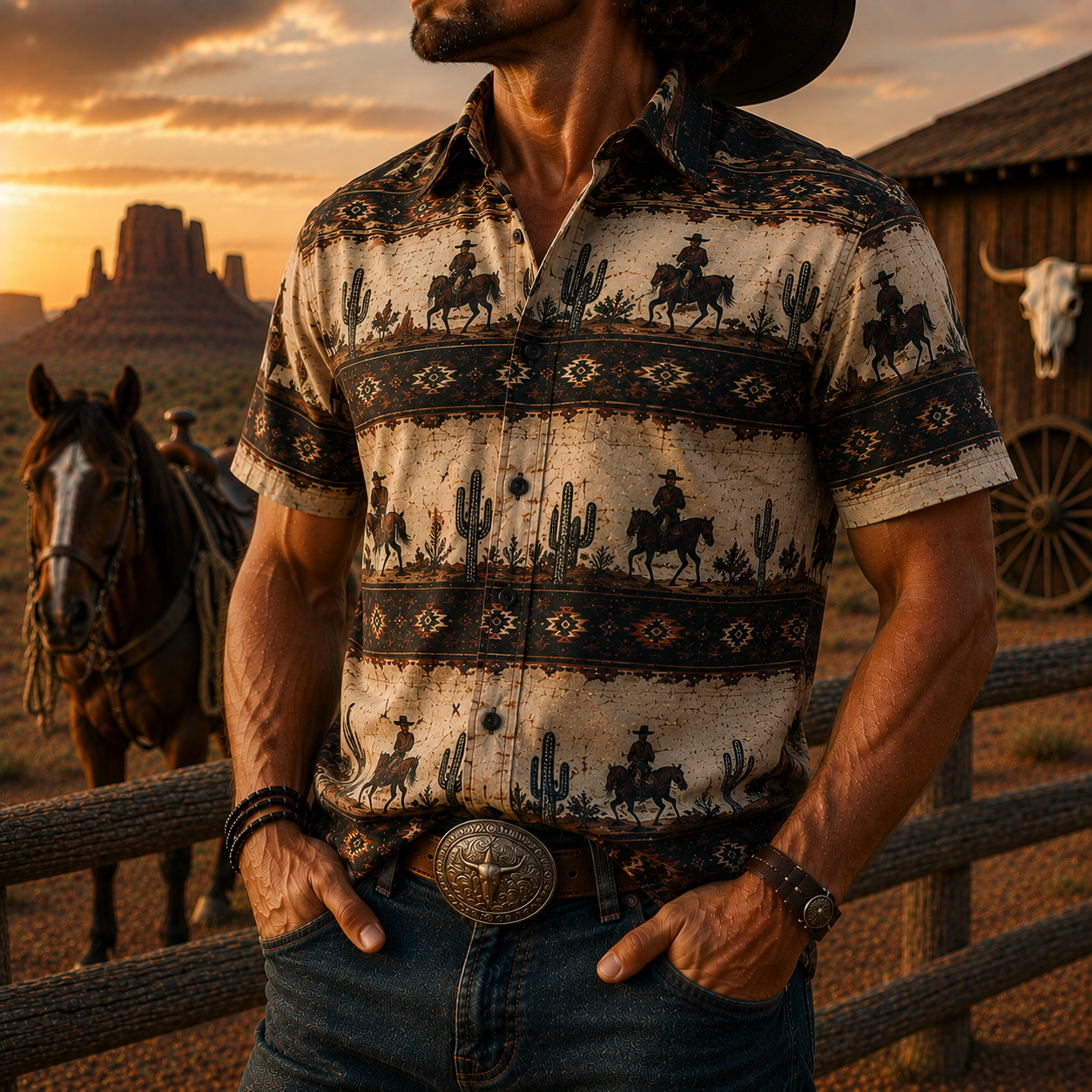Men's Vintage Western Cowboy-Style Printed Short-Sleeve Shirt-43