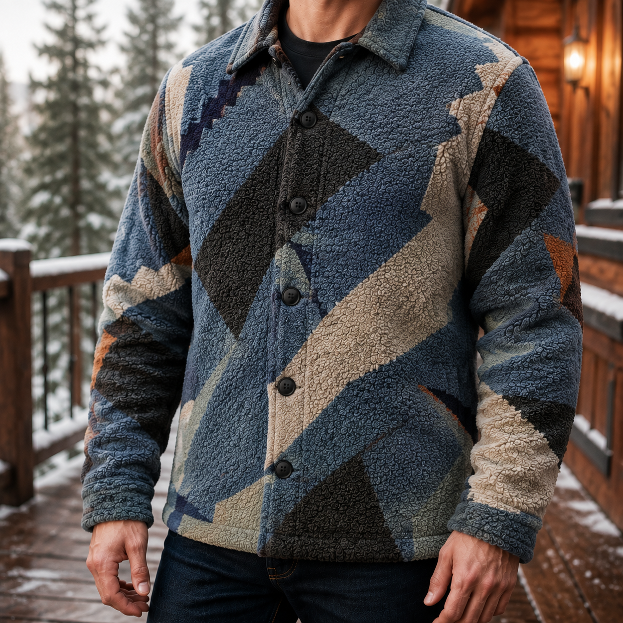 Men's Geometric Fleece Shacket | Warm Shirt Jacket -56
