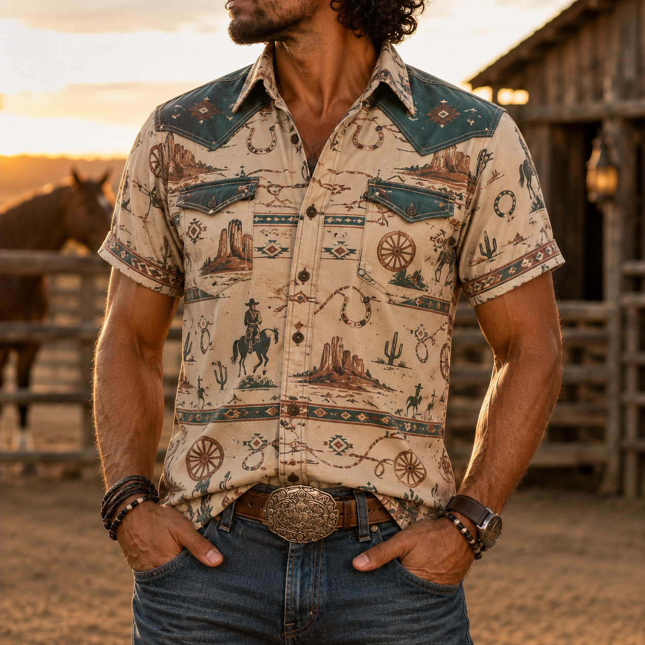 Men's Vintage Western Cowboy-Style Printed Short-Sleeve Shirt-93