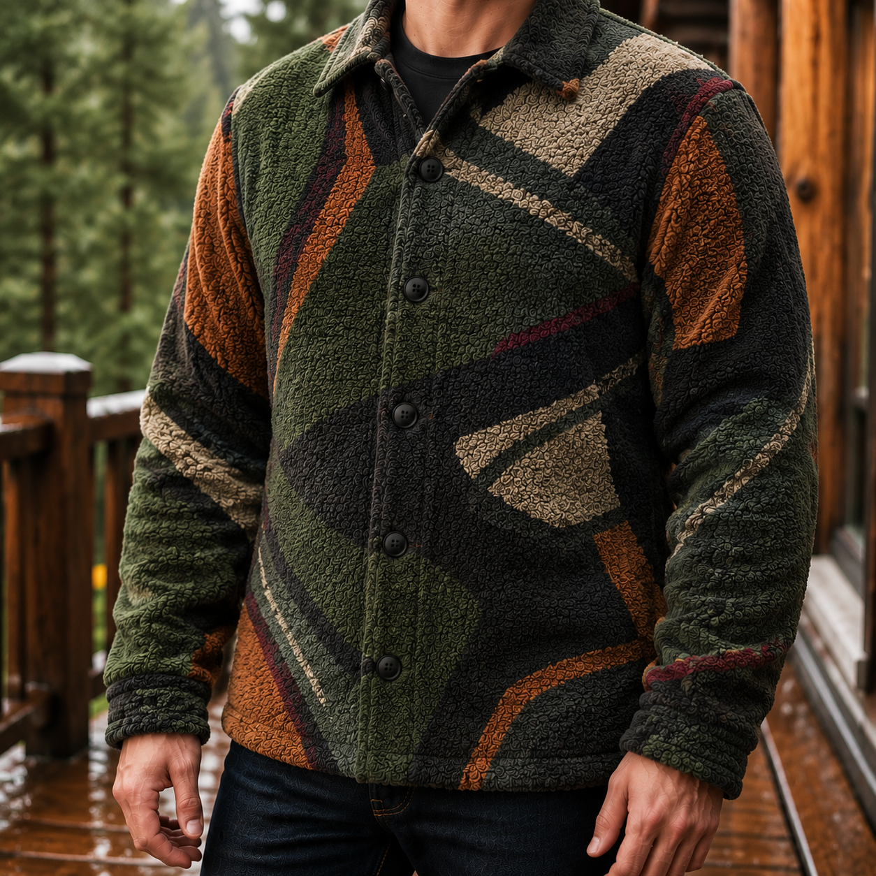 Men's Geometric Fleece Shacket | Warm Shirt Jacket -57