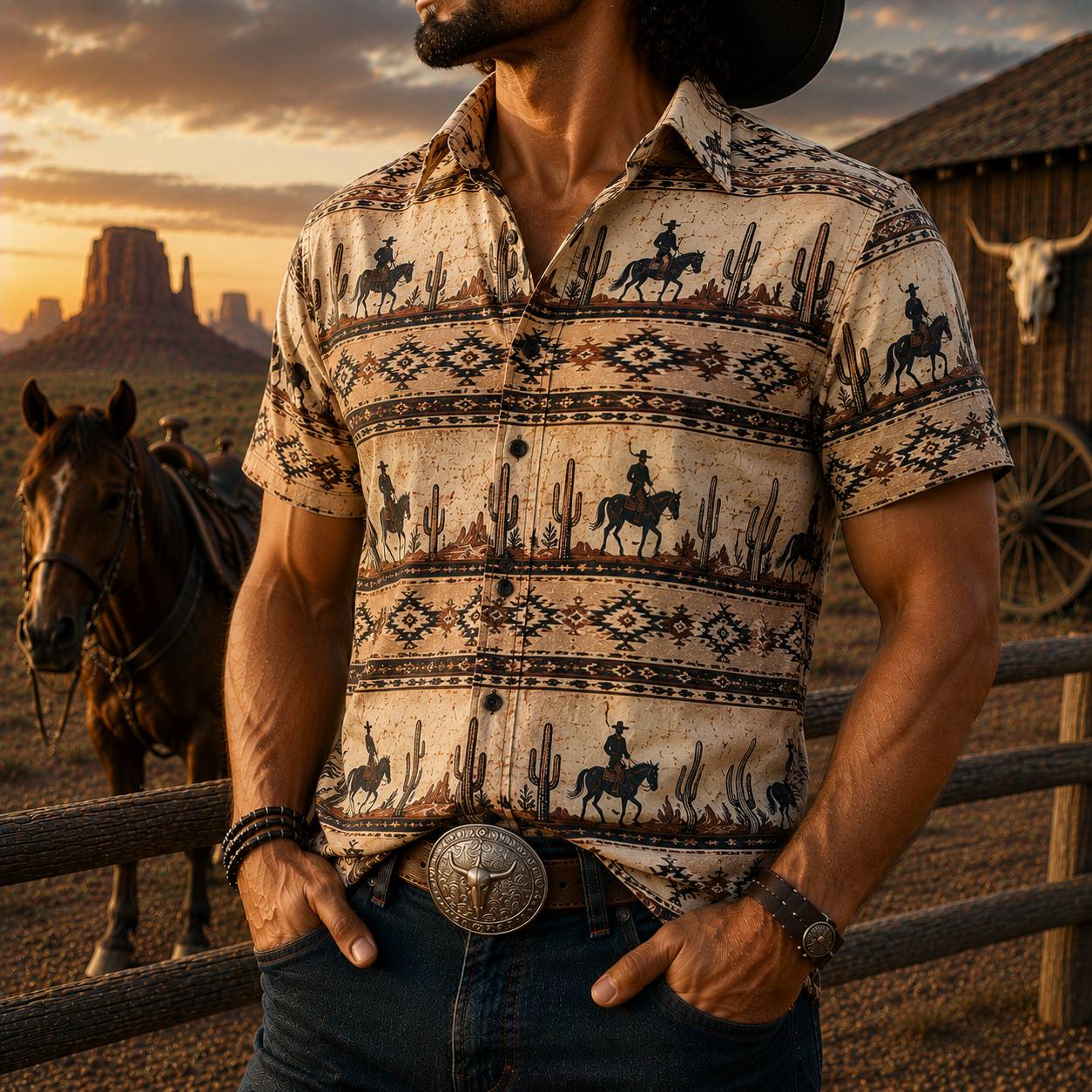 Men's Vintage Western Cowboy-Style Printed Short-Sleeve Shirt-52