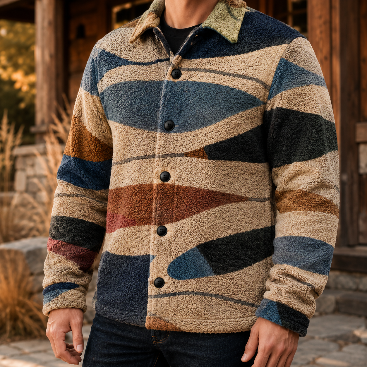 Men's Geometric Fleece Shacket | Warm Shirt Jacket -58