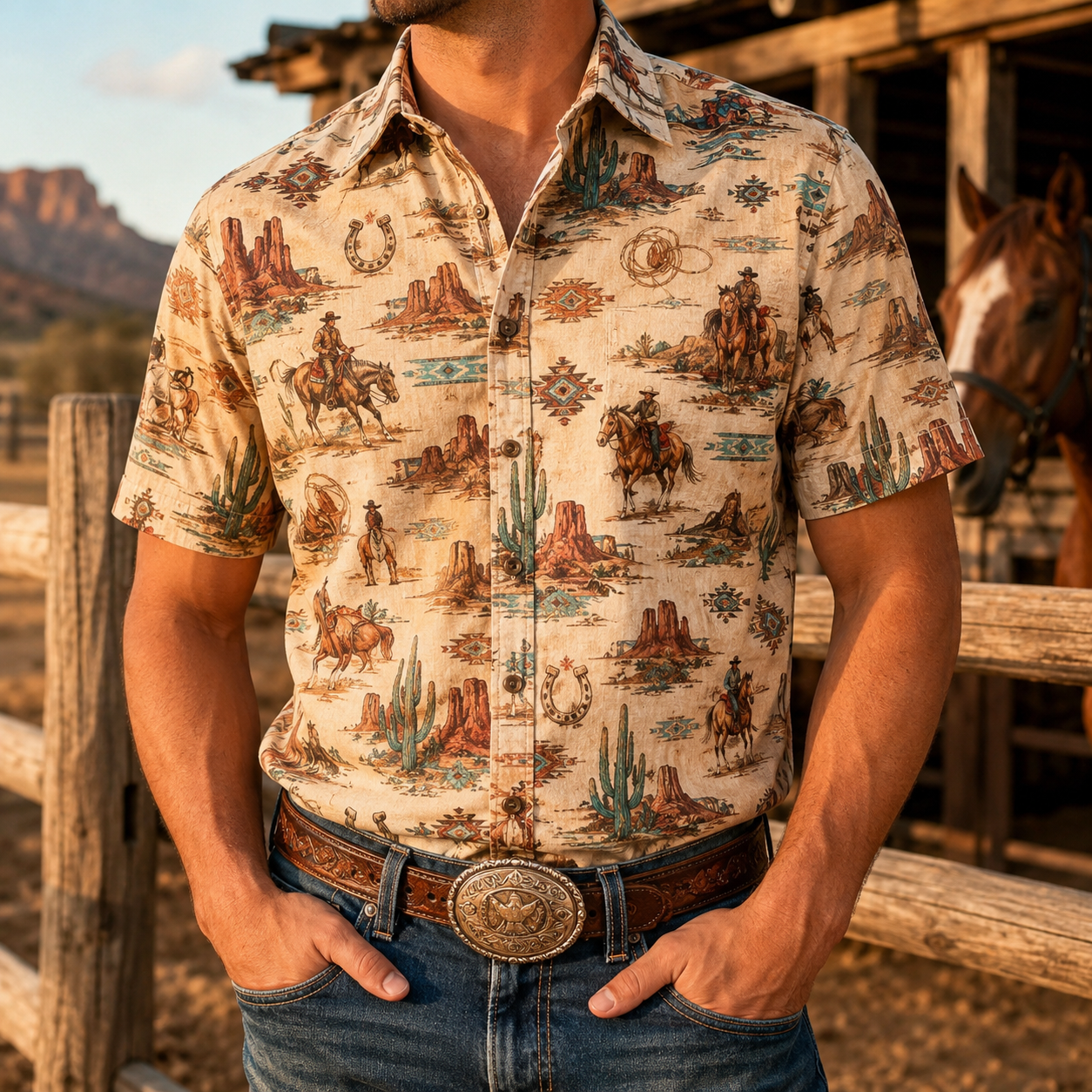 Men's Vintage Western Cowboy-Style Printed Short-Sleeve Shirt-65