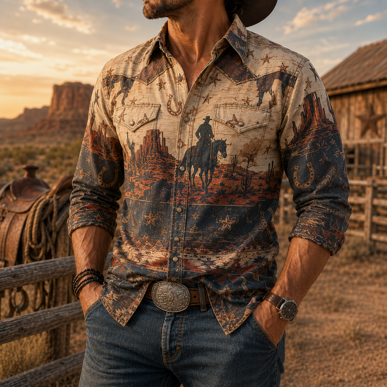 Men's Vintage Western Cowboy-Style Printed Short-Sleeve Shirt-17