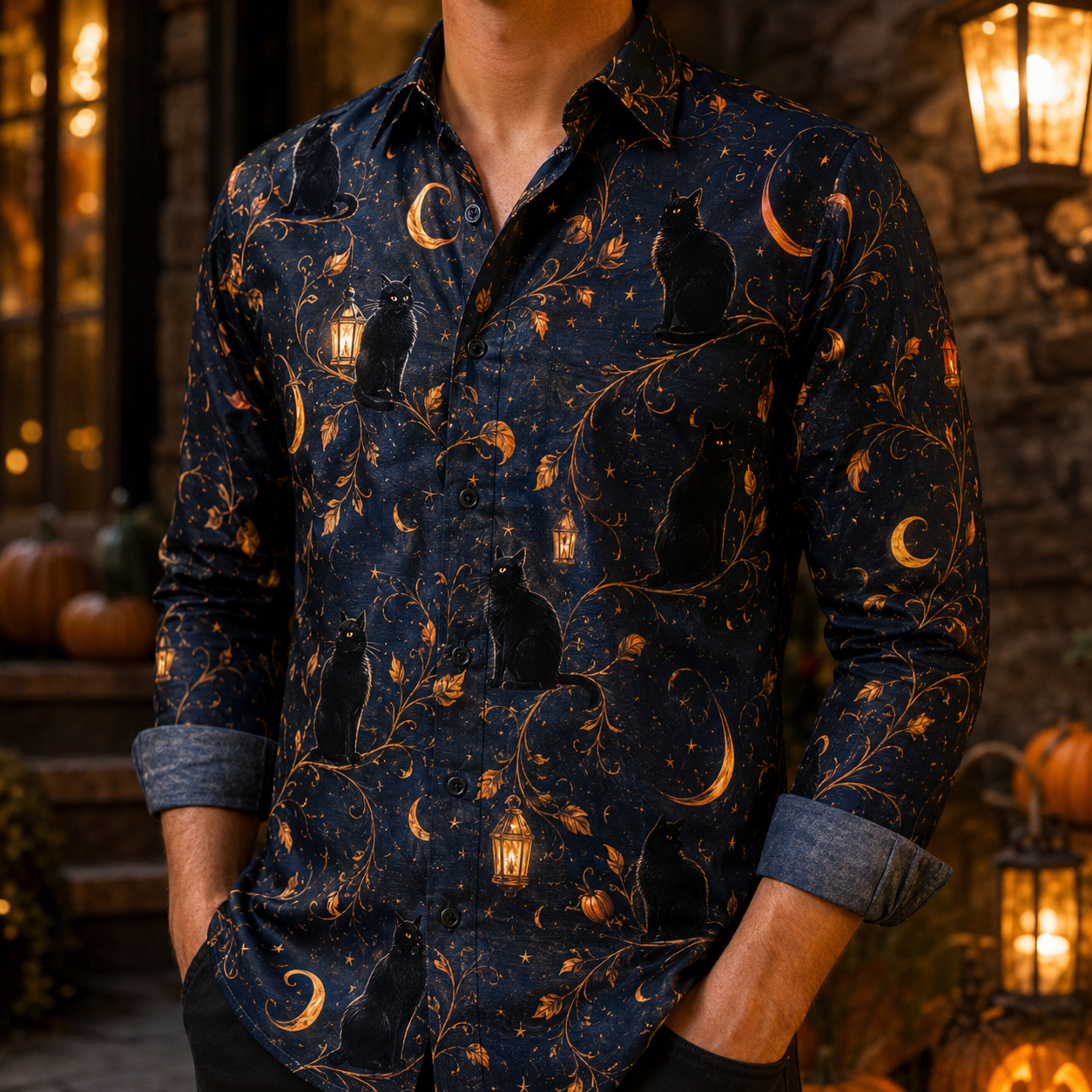 Men's Vintage Halloween Print Long-Sleeve Shirt-16