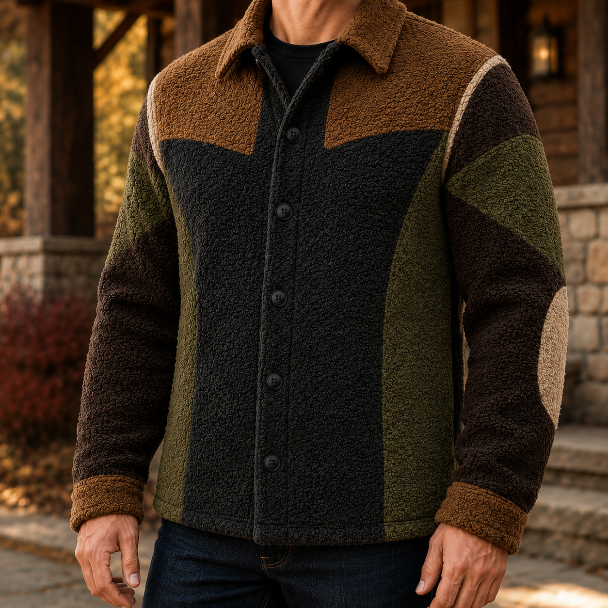 Men's Retro Color Block Fleece Shirt Jacket-59