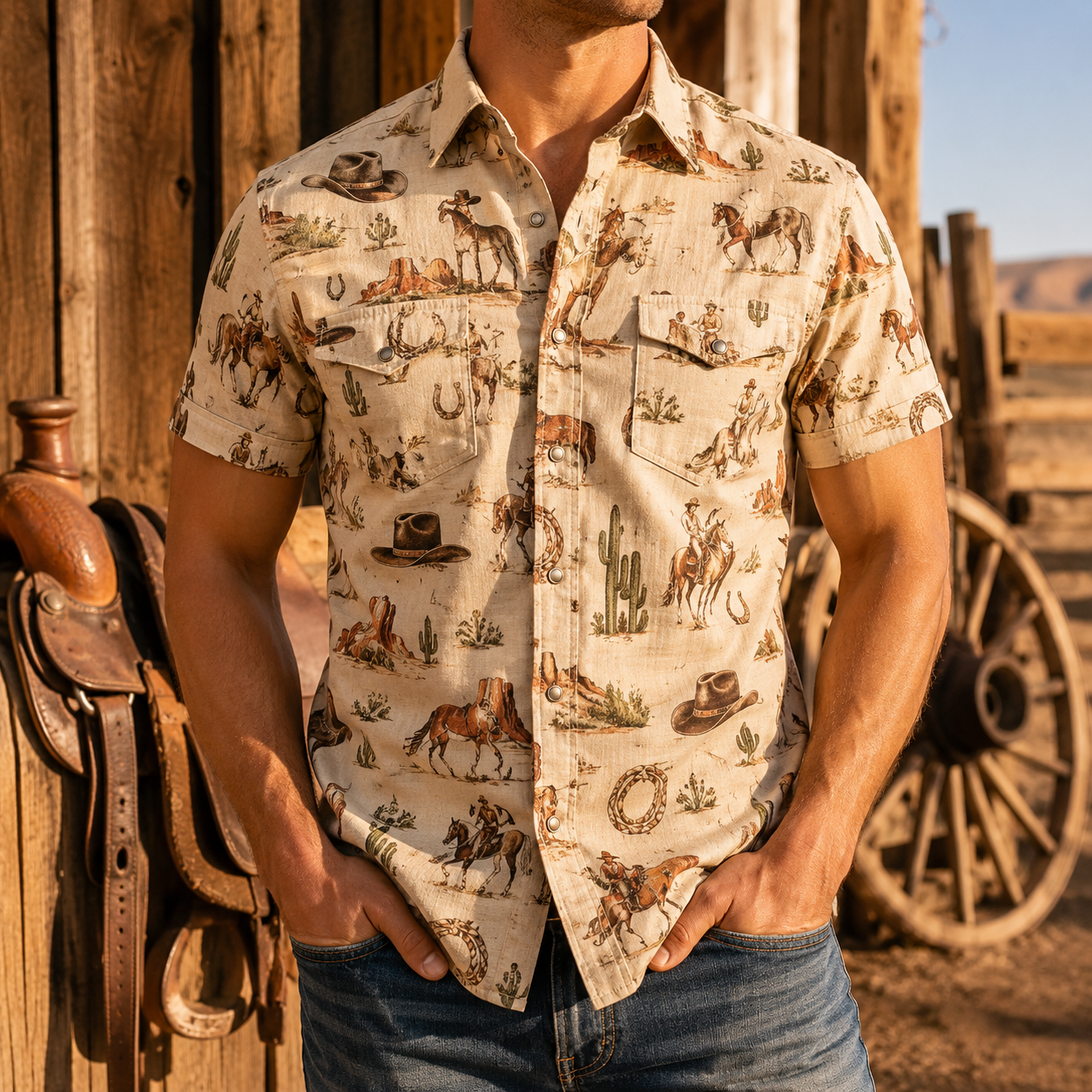 Men's Vintage Western Cowboy-Style Printed Short-Sleeve Shirt-23