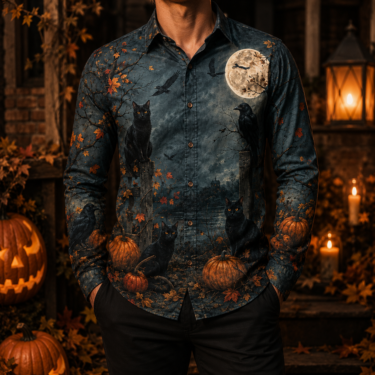 Men's Vintage Halloween Print Long-Sleeve Shirt-23