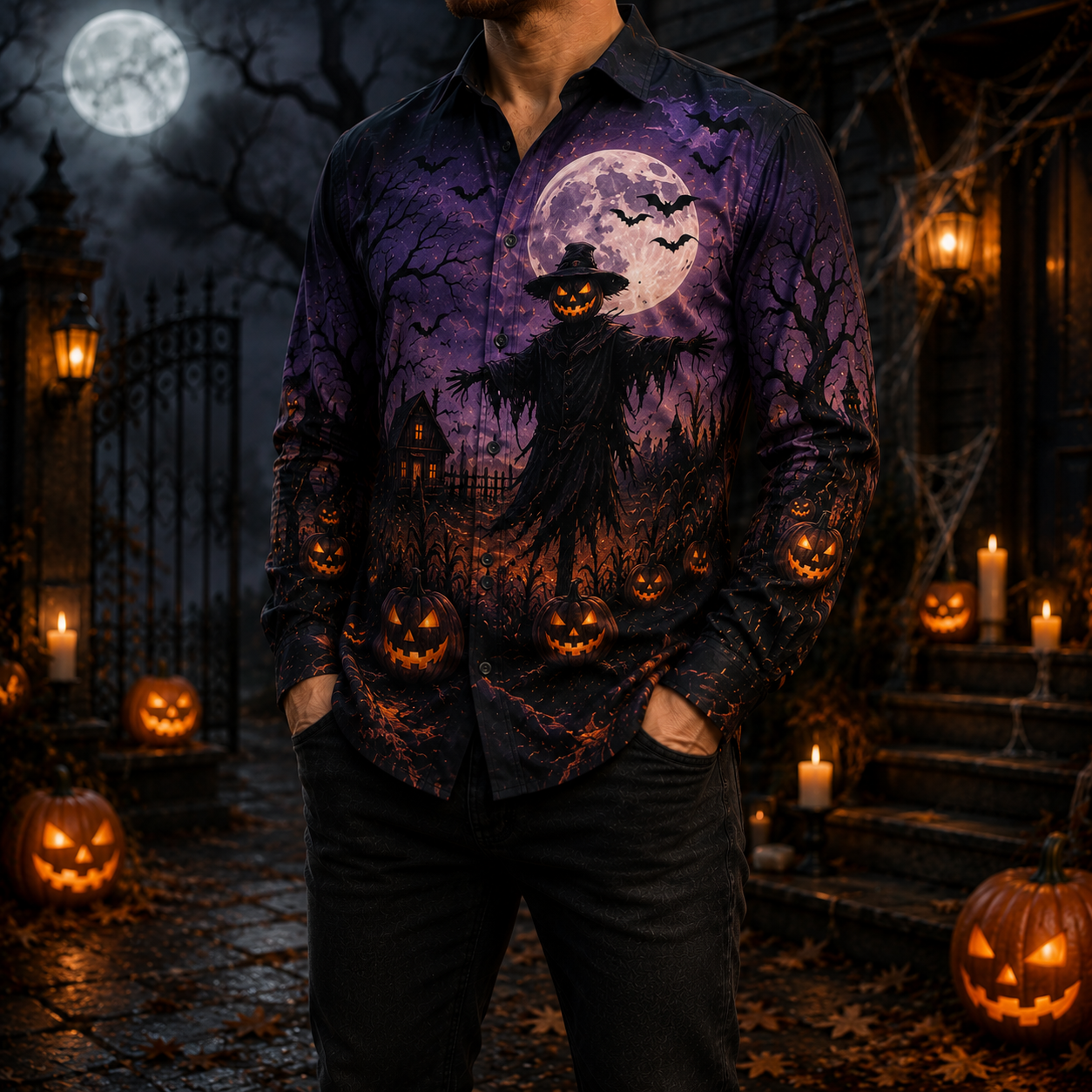 Men's Vintage Halloween Print Long-Sleeve Shirt-62