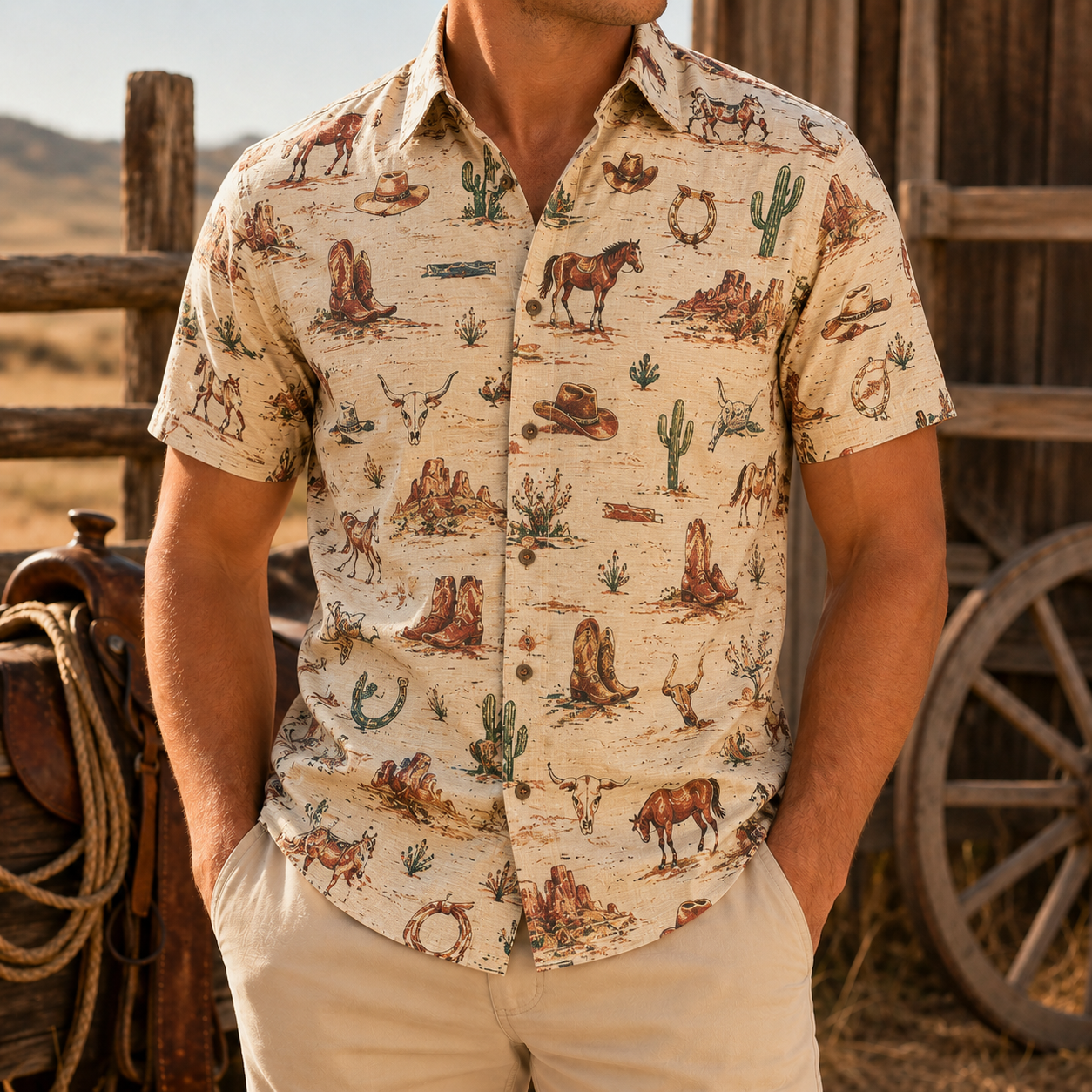 Men's Vintage Western Cowboy-Style Printed Short-Sleeve Shirt-18