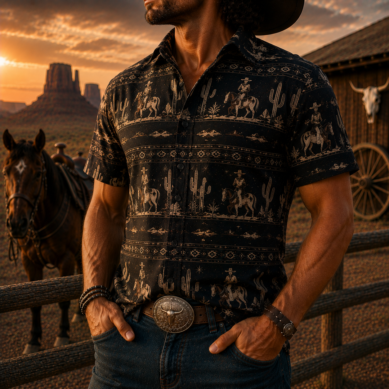 Men's Vintage Western Cowboy-Style Printed Short-Sleeve Shirt-49
