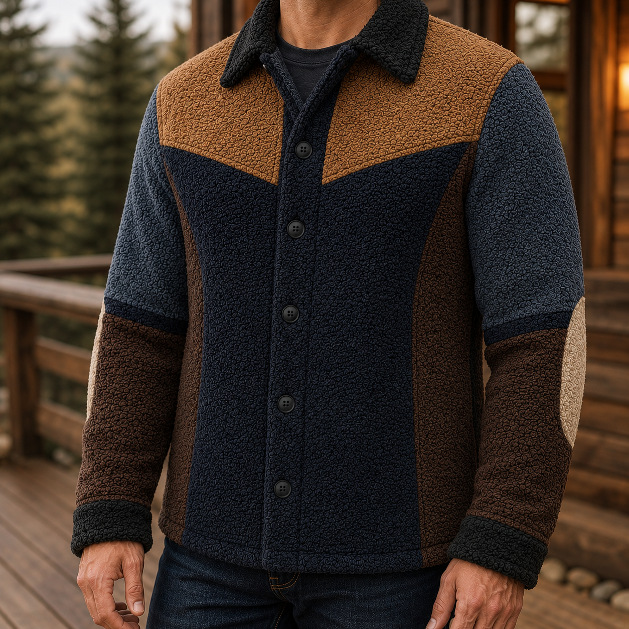 Men's Retro Color Block Fleece Shirt Jacket-60