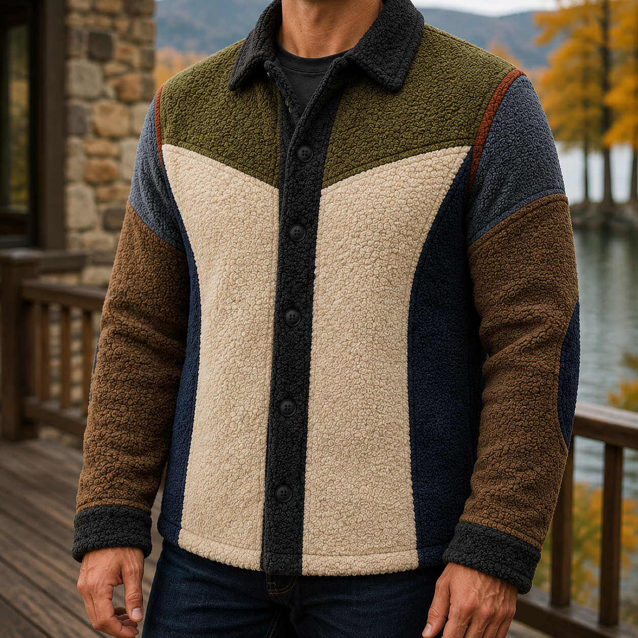 Men's Retro Color Block Fleece Shirt Jacket-61