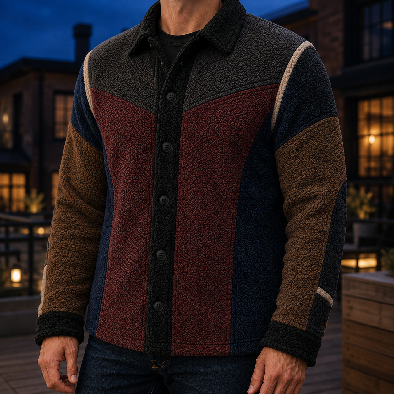 Men's Retro Color Block Fleece Shirt Jacket-62