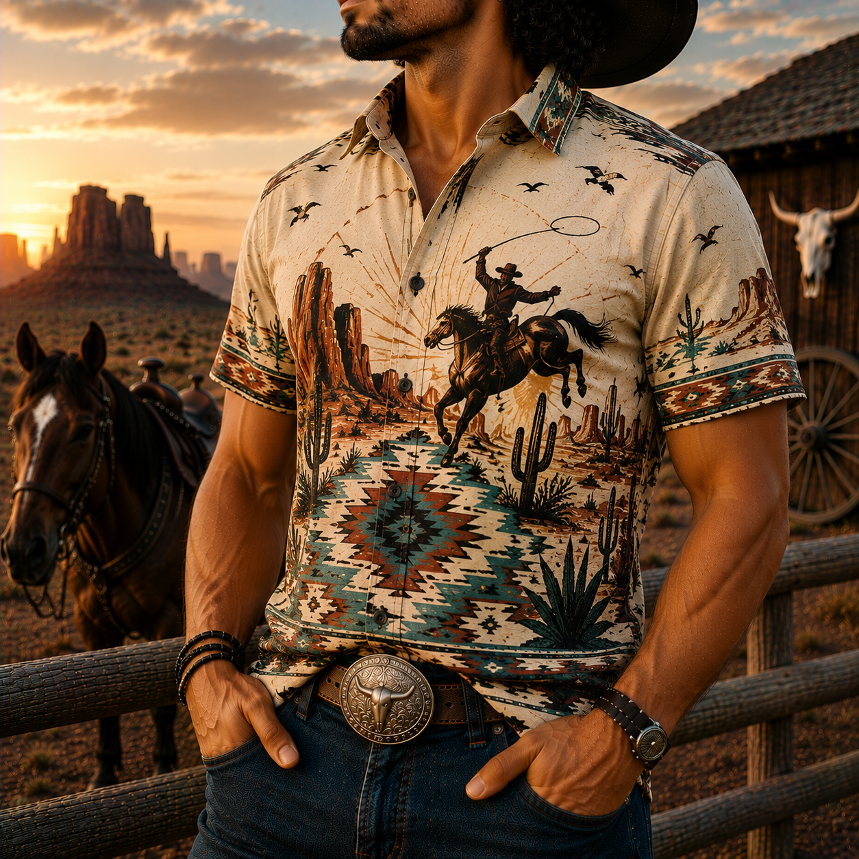 Men's Vintage Western Cowboy-Style Printed Short-Sleeve Shirt-64