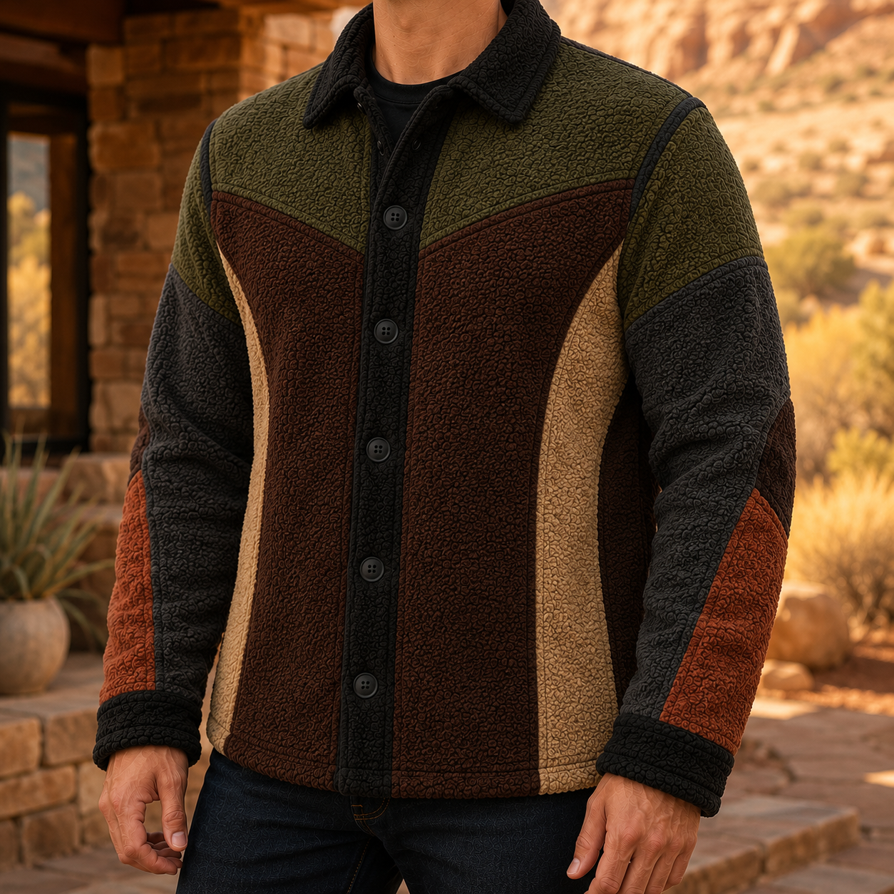 Men's Retro Color Block Fleece Shirt Jacket-63