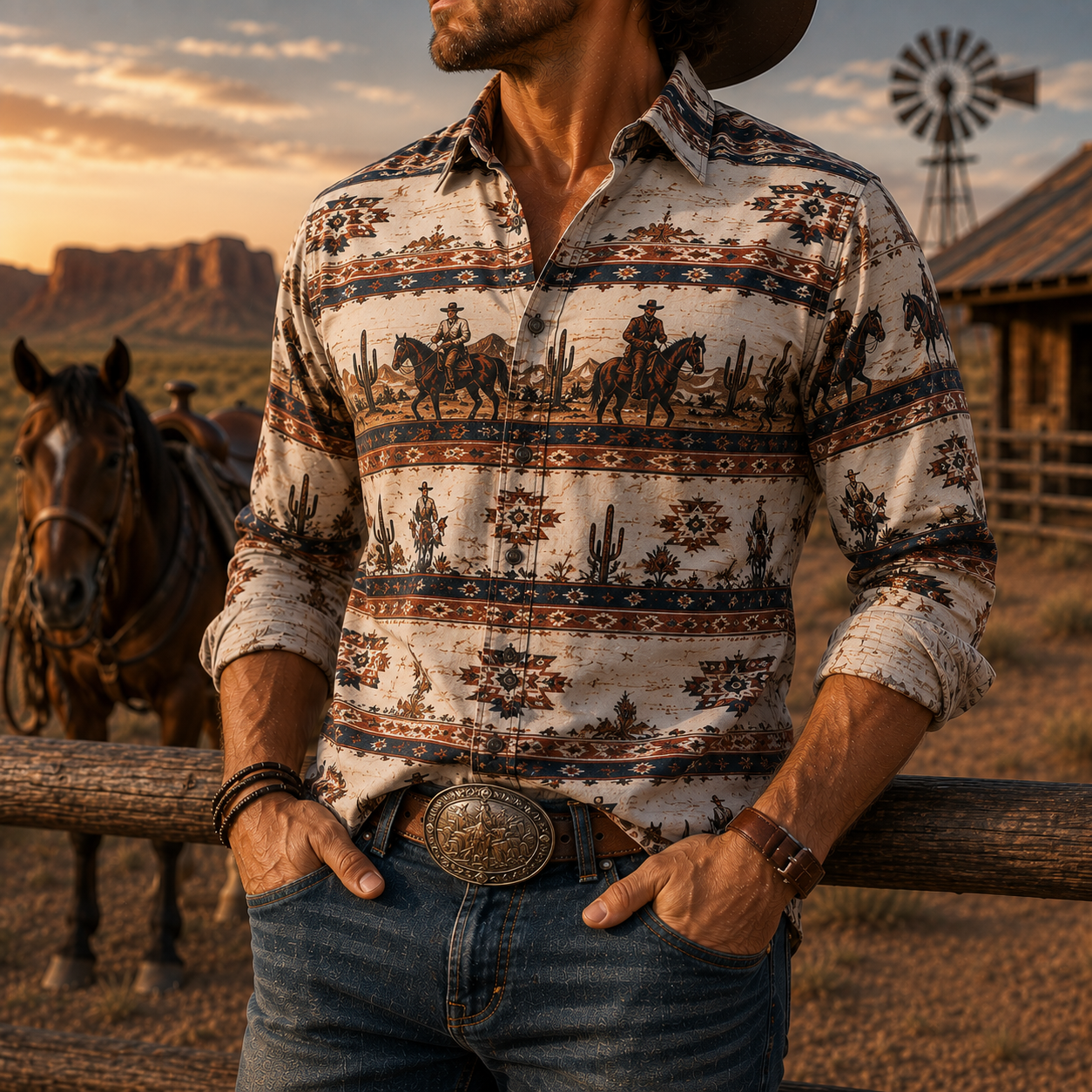 Men's Vintage Western Cowboy-Style Printed Short-Sleeve Shirt-25