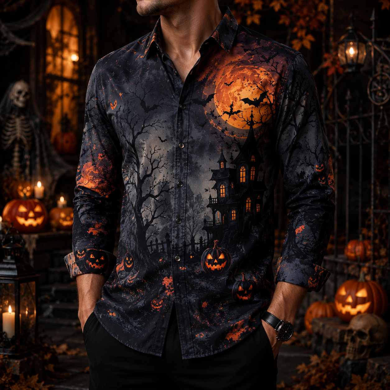 Men's Vintage Halloween Print Long-Sleeve Shirt-02