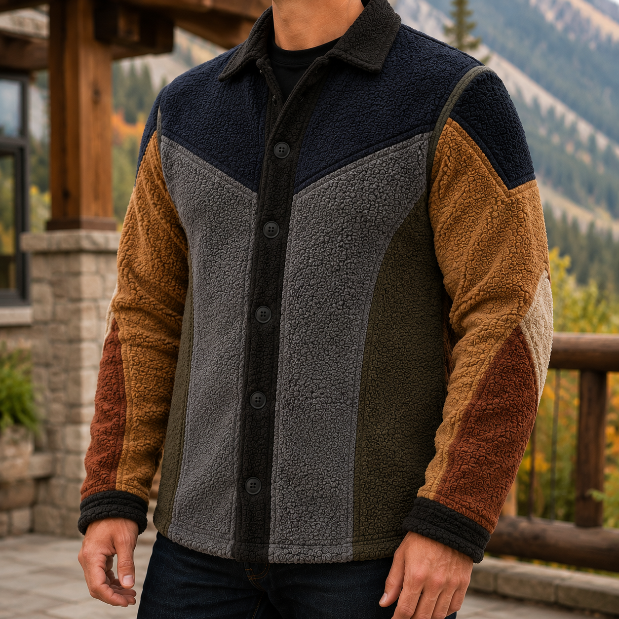 Men's Retro Color Block Fleece Shirt Jacket-64