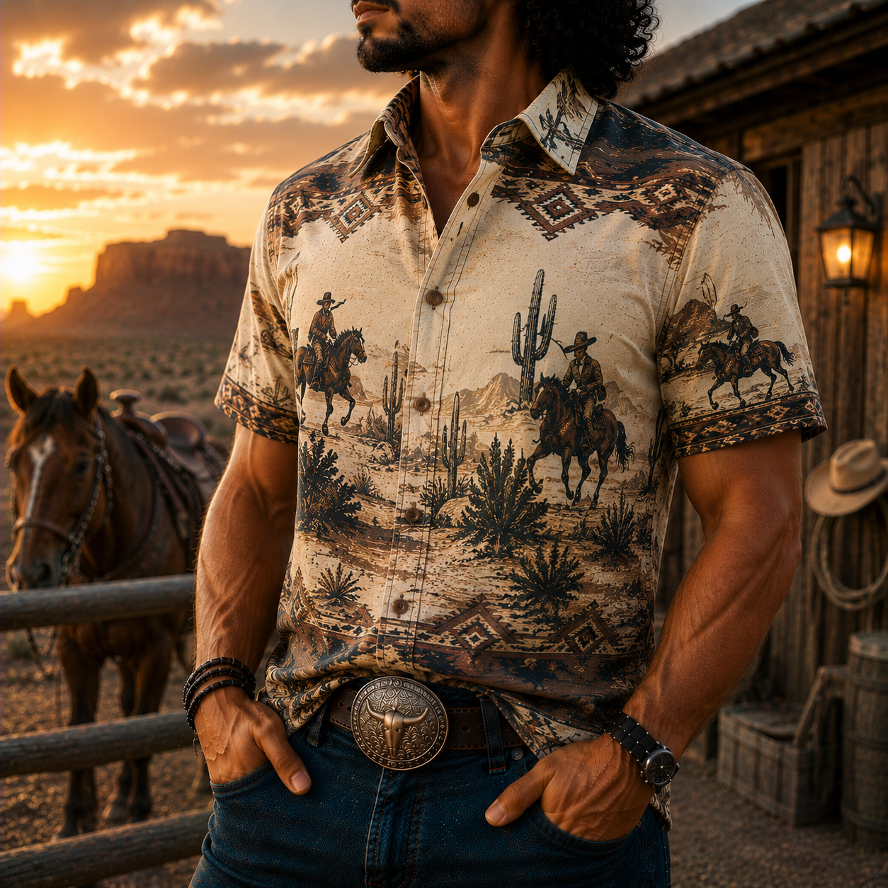 Men's Vintage Western Cowboy-Style Printed Short-Sleeve Shirt-80