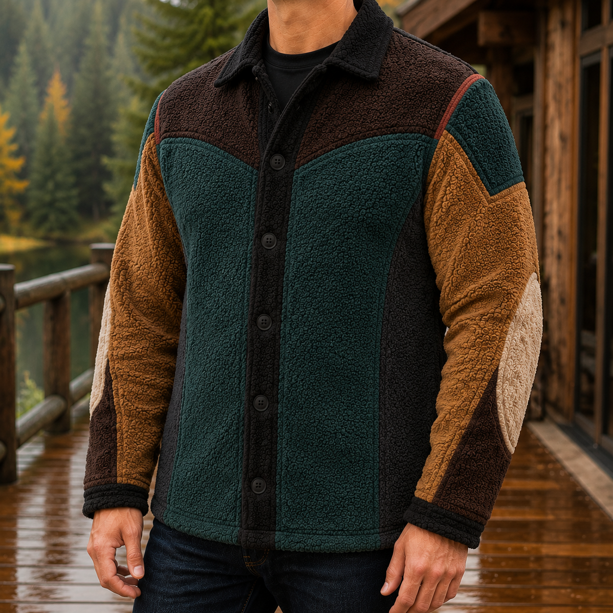 Men's Retro Color Block Fleece Shirt Jacket-65