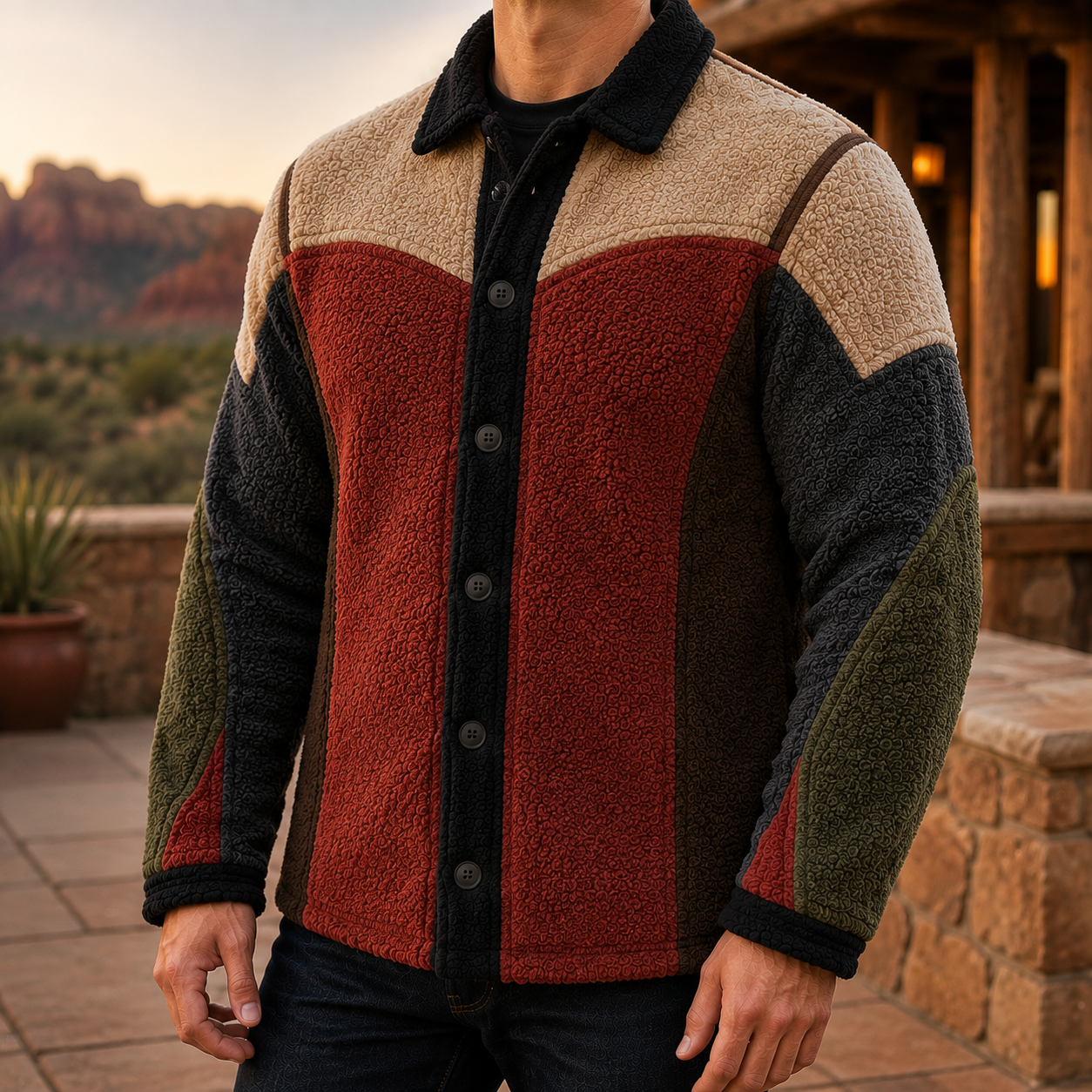 Men's Retro Color Block Fleece Shirt Jacket-66