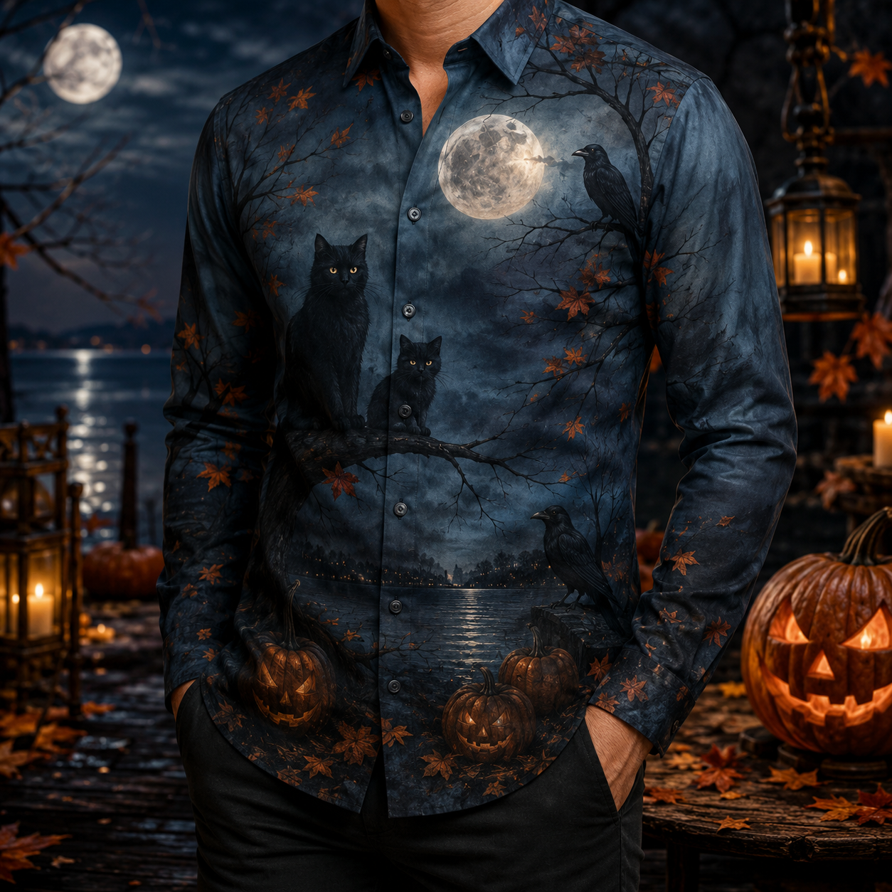 Men's Vintage Halloween Print Long-Sleeve Shirt-36