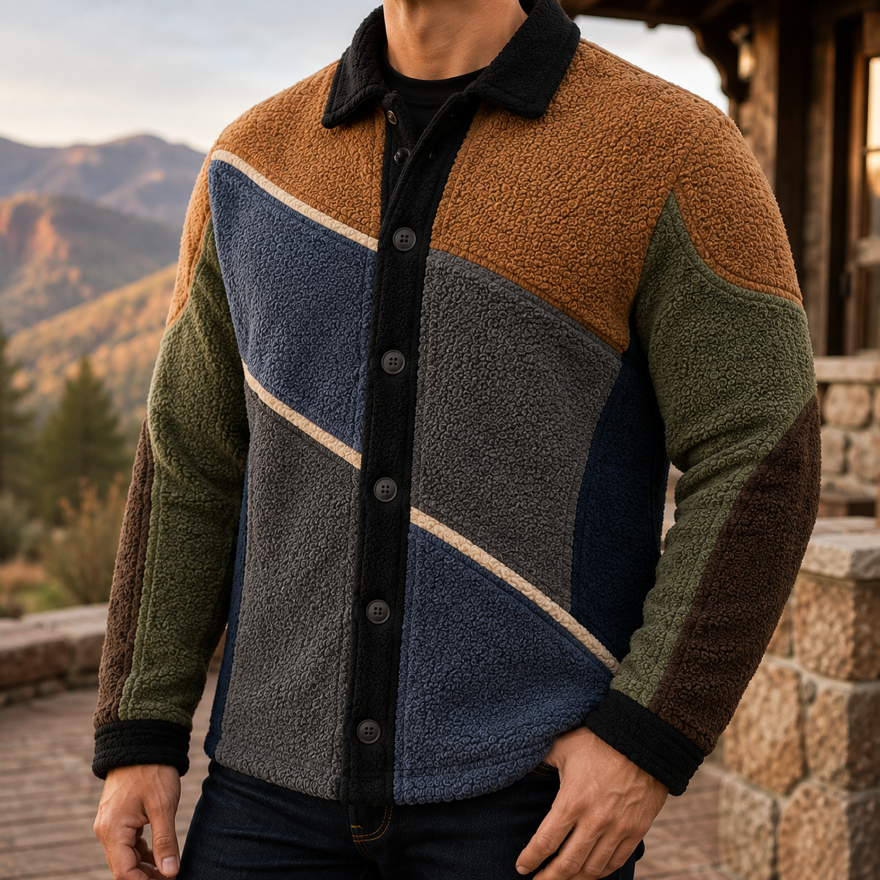 Men's Retro Color Block Fleece Shirt Jacket-67