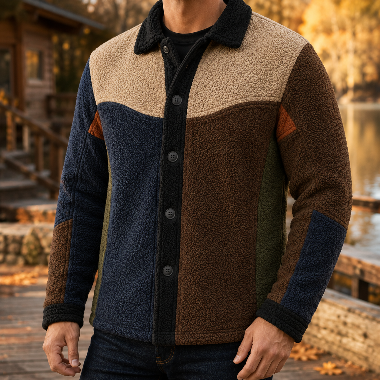 Men's Retro Color Block Fleece Shirt Jacket-68