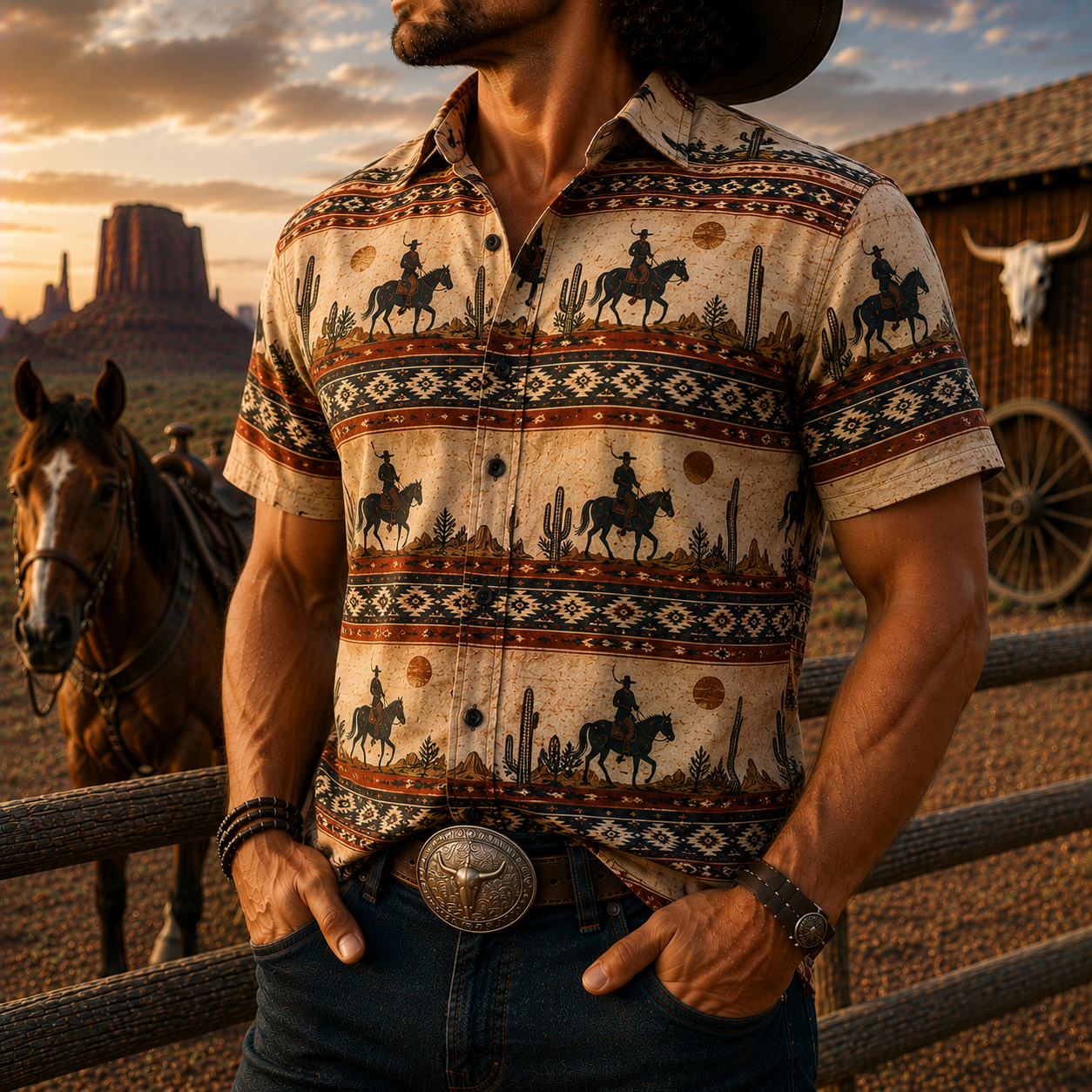 Men's Vintage Western Cowboy-Style Printed Short-Sleeve Shirt-53