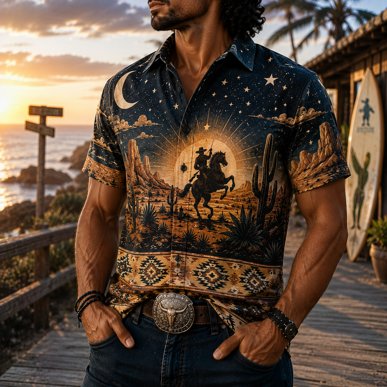 Men's Vintage Western Cowboy-Style Printed Short-Sleeve Shirt-66