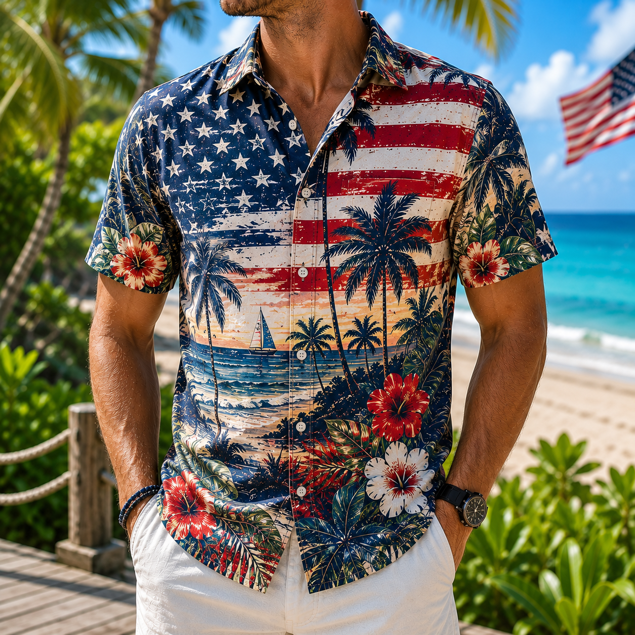 Men's Vintage Tropical Print Short-Sleeve Shirt – Casual Beach Vacation Style – 06