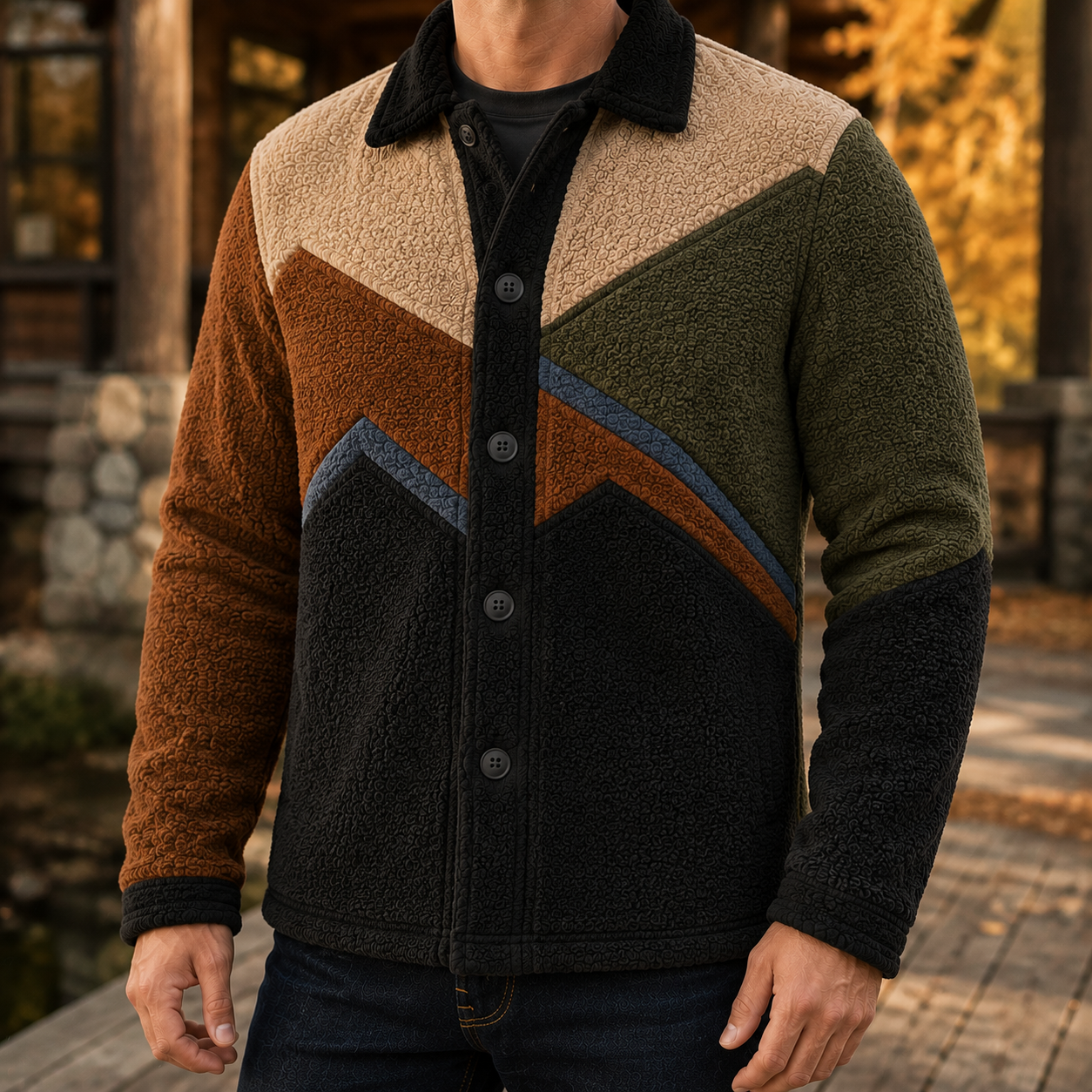 Men's Retro Color Block Fleece Shirt Jacket-69