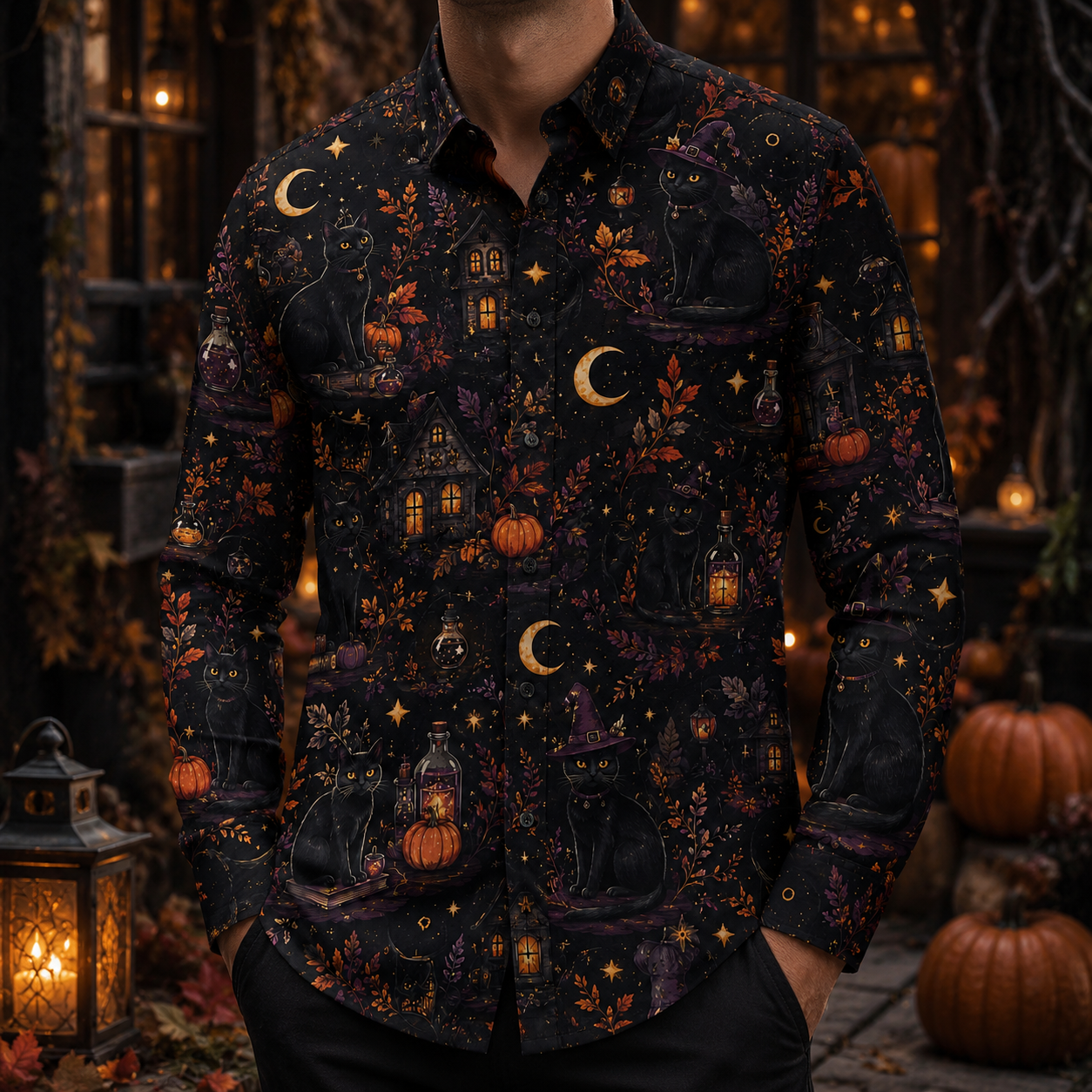 Men's Vintage Halloween Print Long-Sleeve Shirt-06