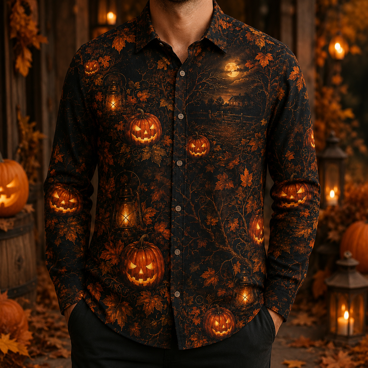 Men's Vintage Halloween Print Long-Sleeve Shirt-05
