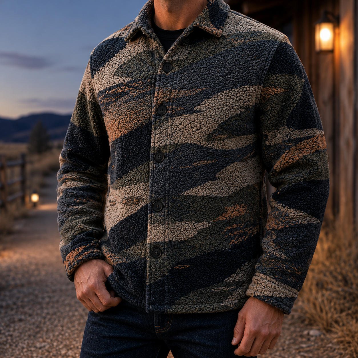 Men's Geometric Fleece Shacket | Warm Shirt Jacket -7
