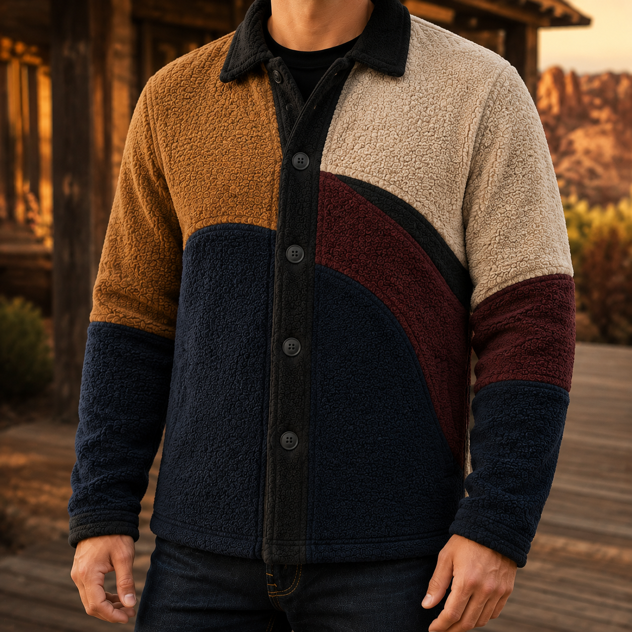 Men's Retro Color Block Fleece Shirt Jacket-70