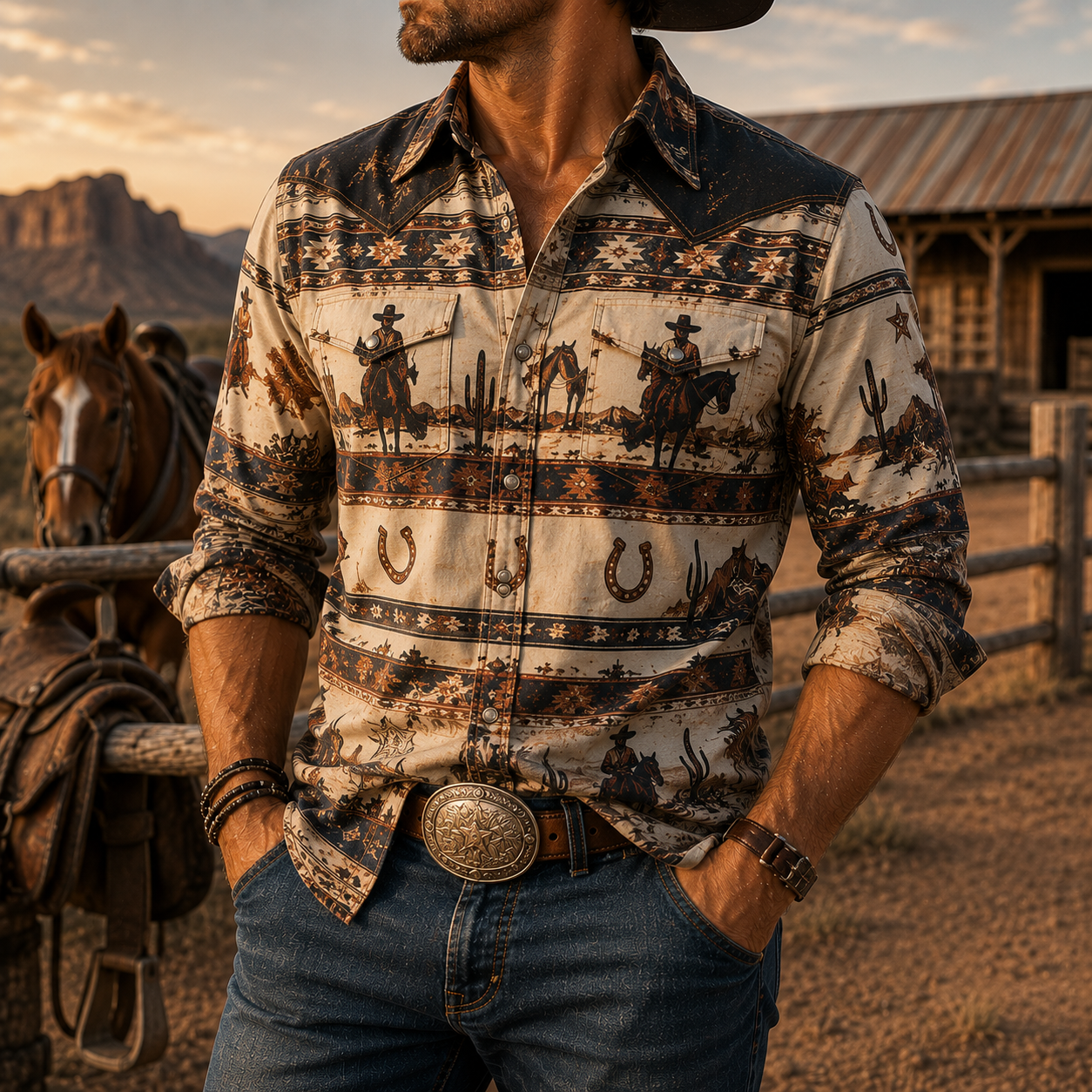 Men's Vintage Western Cowboy-Style Printed Short-Sleeve Shirt-21