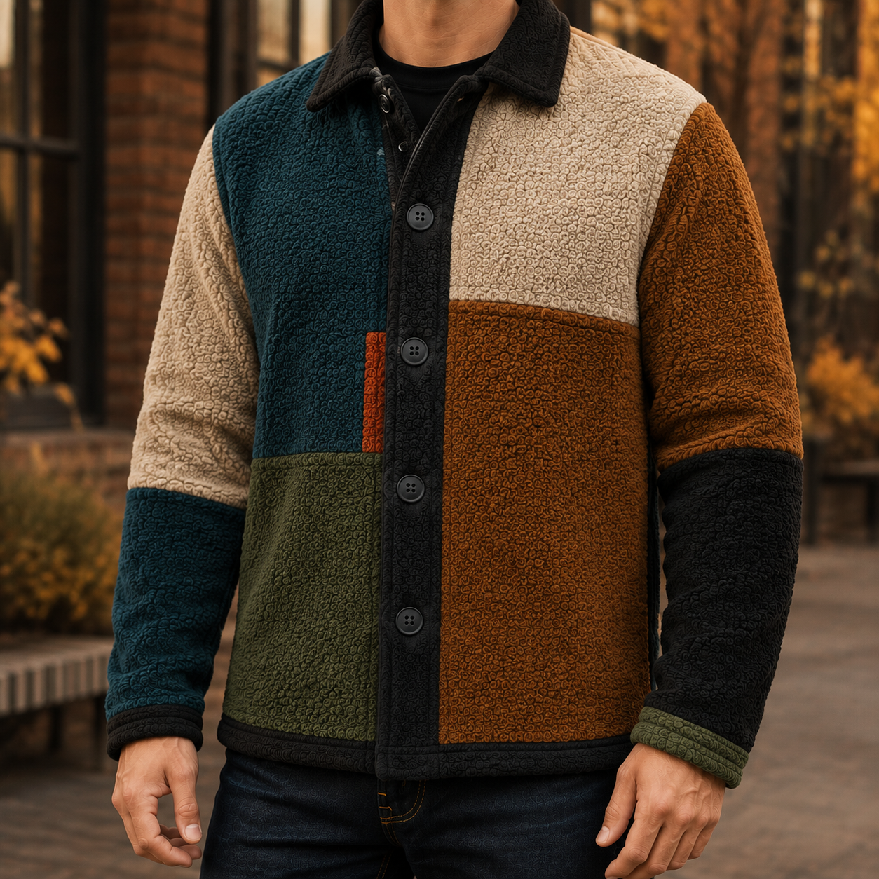 Men's Retro Color Block Fleece Shirt Jacket-72