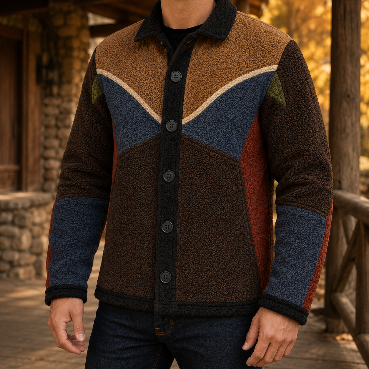 Men's Retro Color Block Fleece Shirt Jacket-73