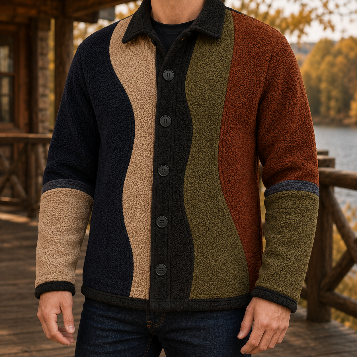 Men's Retro Color Block Fleece Shirt Jacket-74