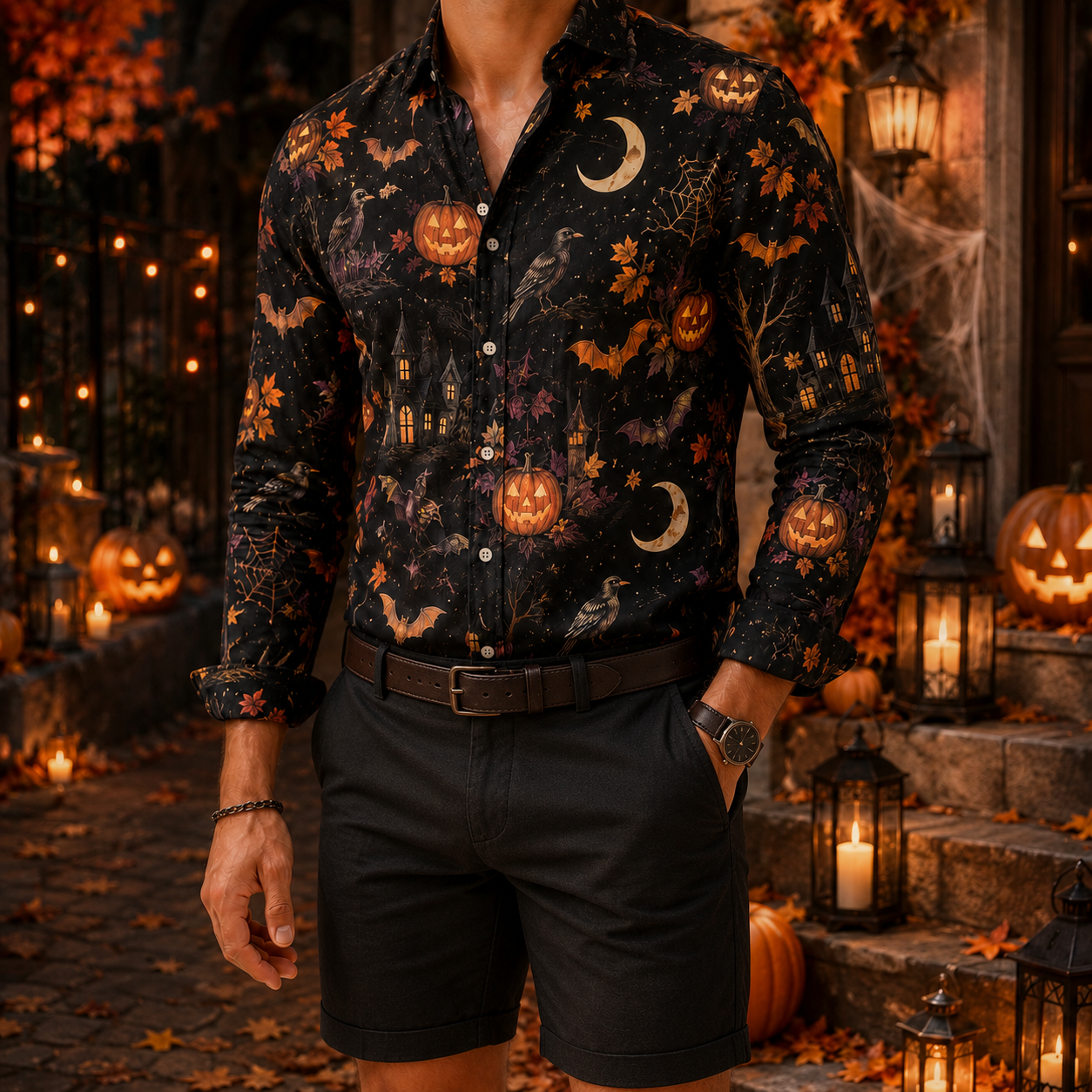 Men's Vintage Halloween Print Long-Sleeve Shirt-01