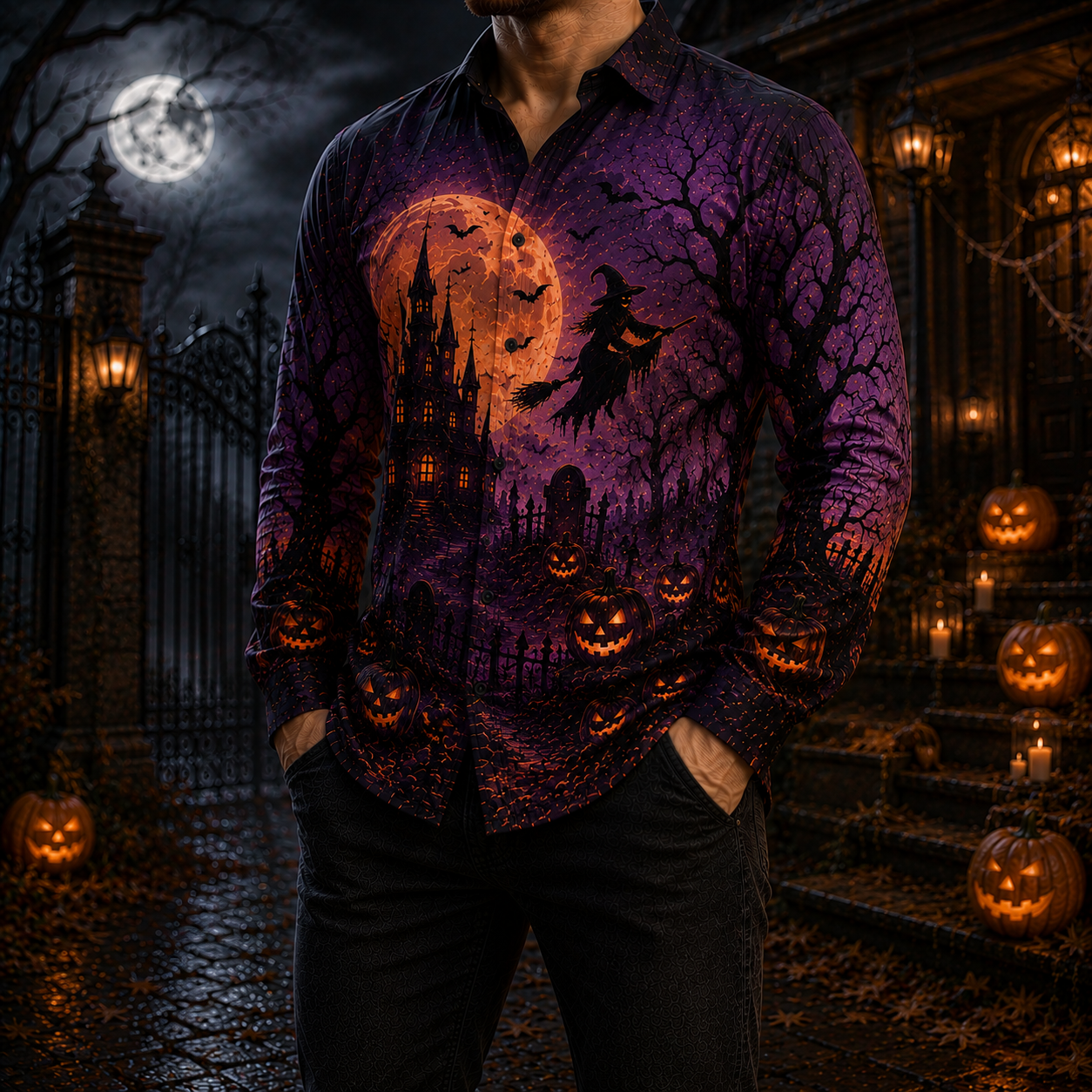 Men's Vintage Halloween Print Long-Sleeve Shirt-79