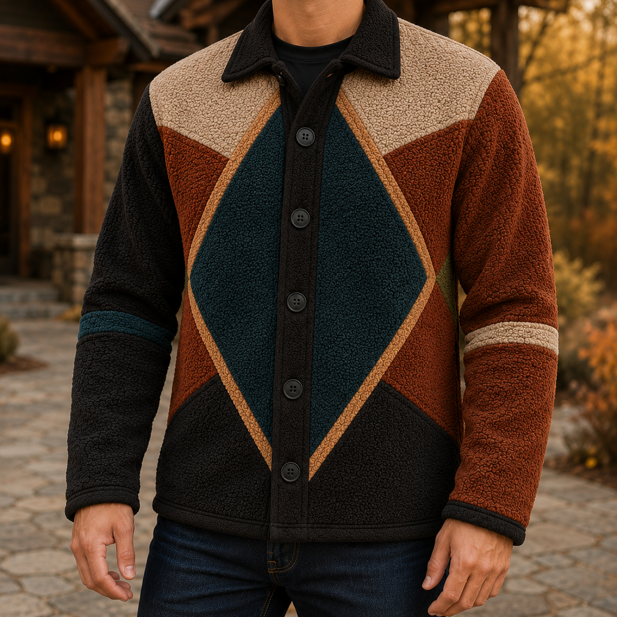 Men's Retro Color Block Fleece Shirt Jacket-75