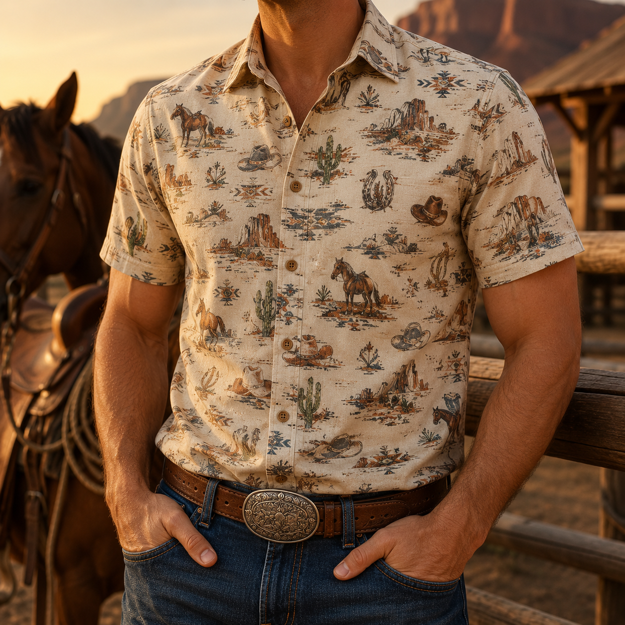 Men's Vintage Western Cowboy-Style Printed Short-Sleeve Shirt-39