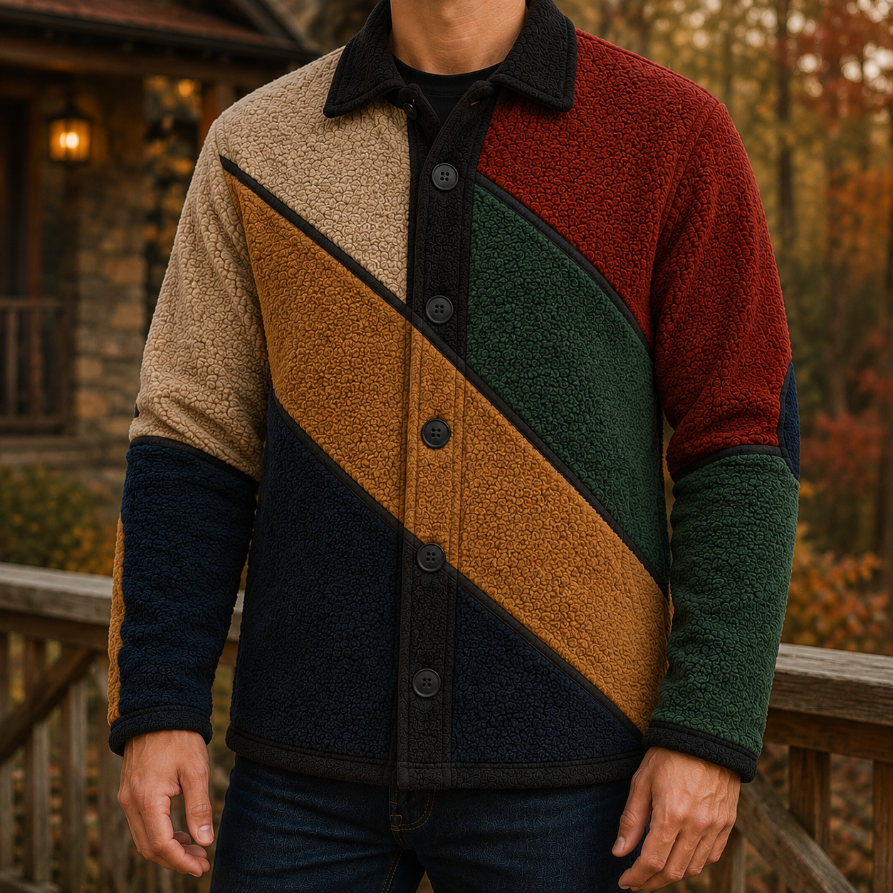 Men's Retro Color Block Fleece Shirt Jacket-76