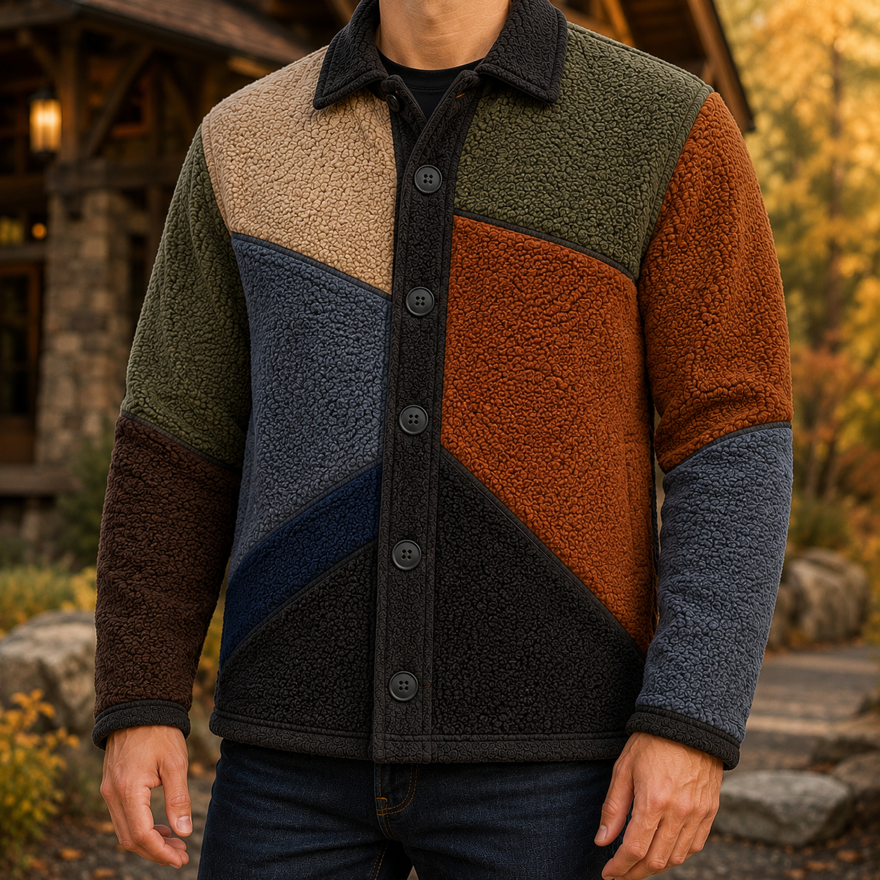 Men's Retro Color Block Fleece Shirt Jacket-77