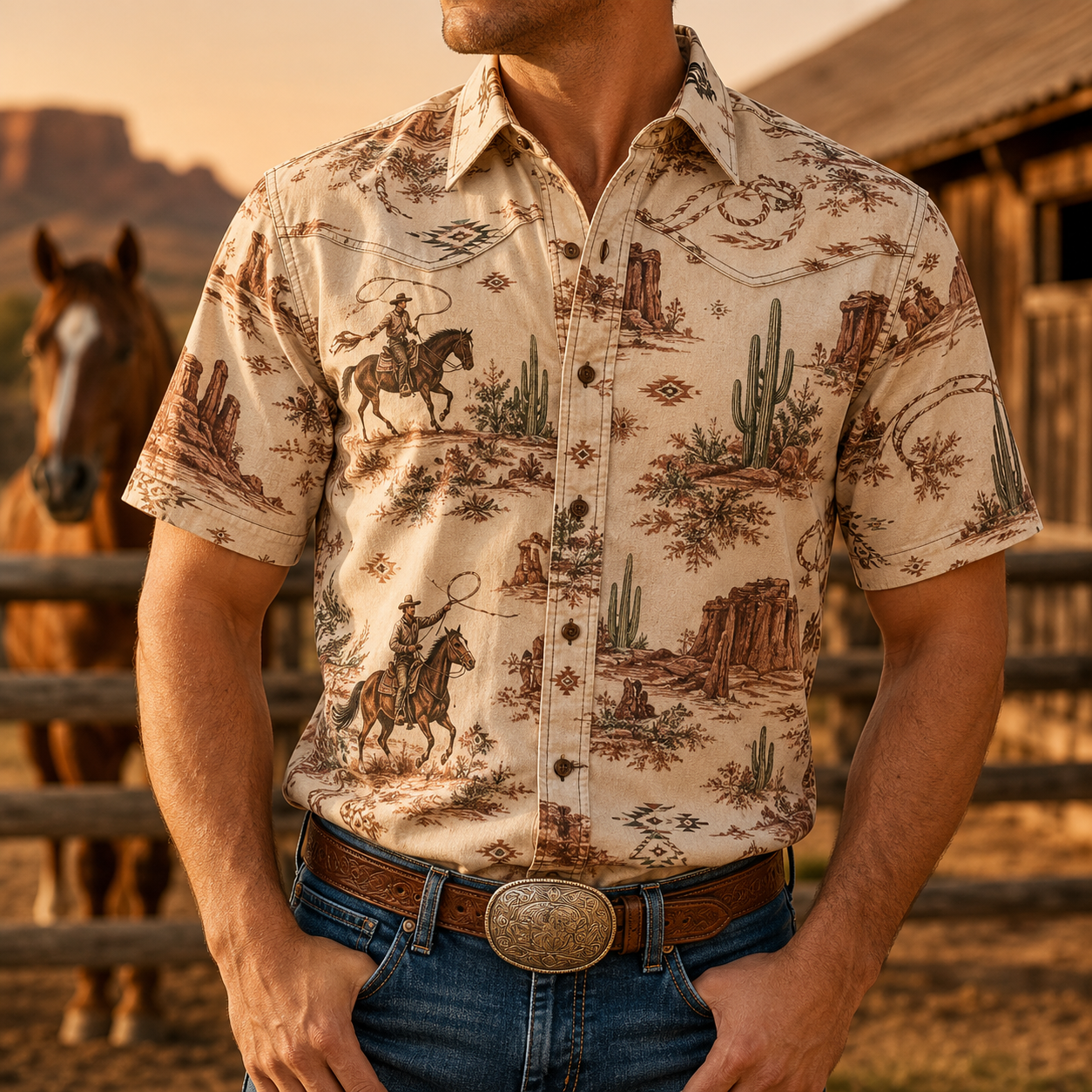 Men's Vintage Western Cowboy-Style Printed Short-Sleeve Shirt-48