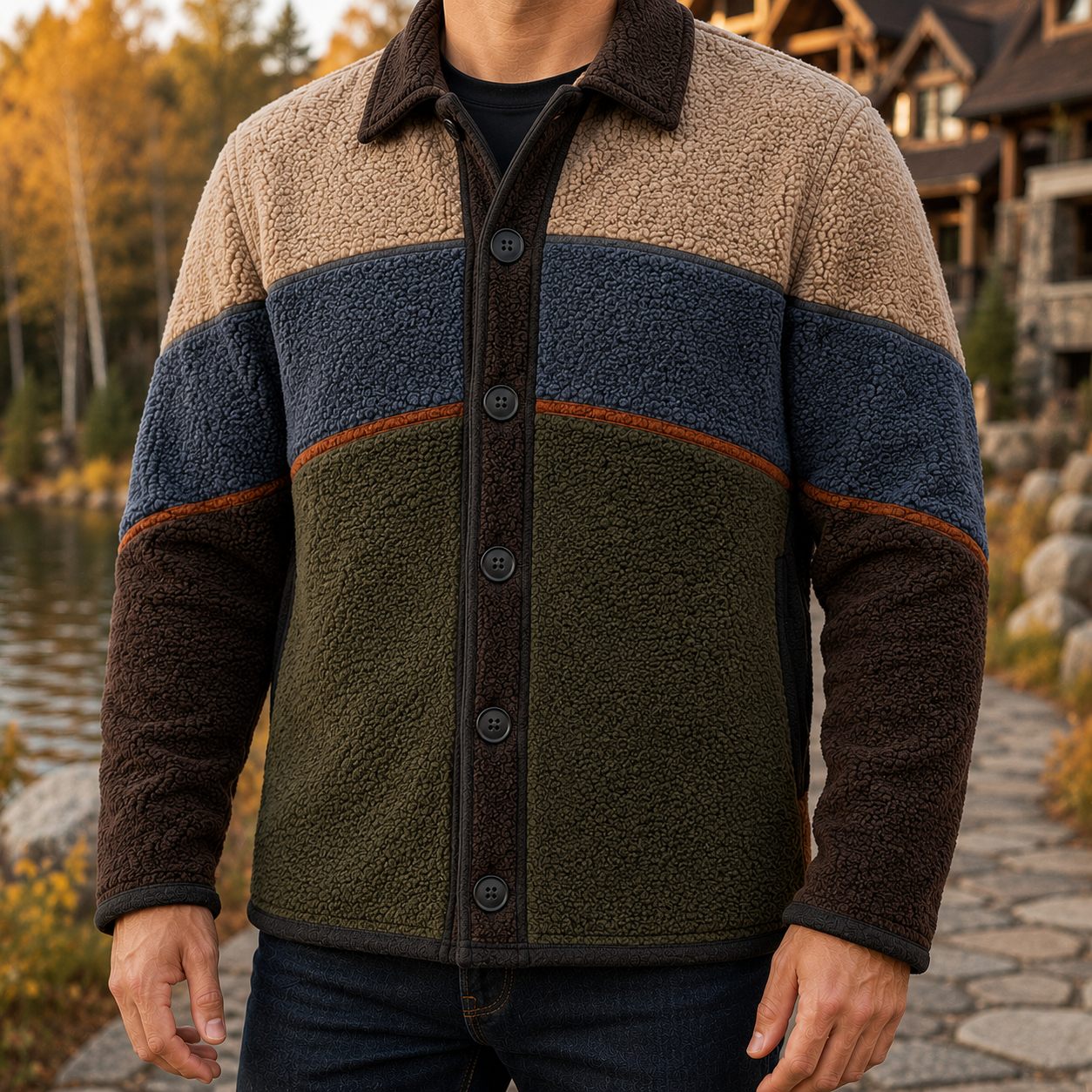 Men's Retro Color Block Fleece Shirt Jacket-78